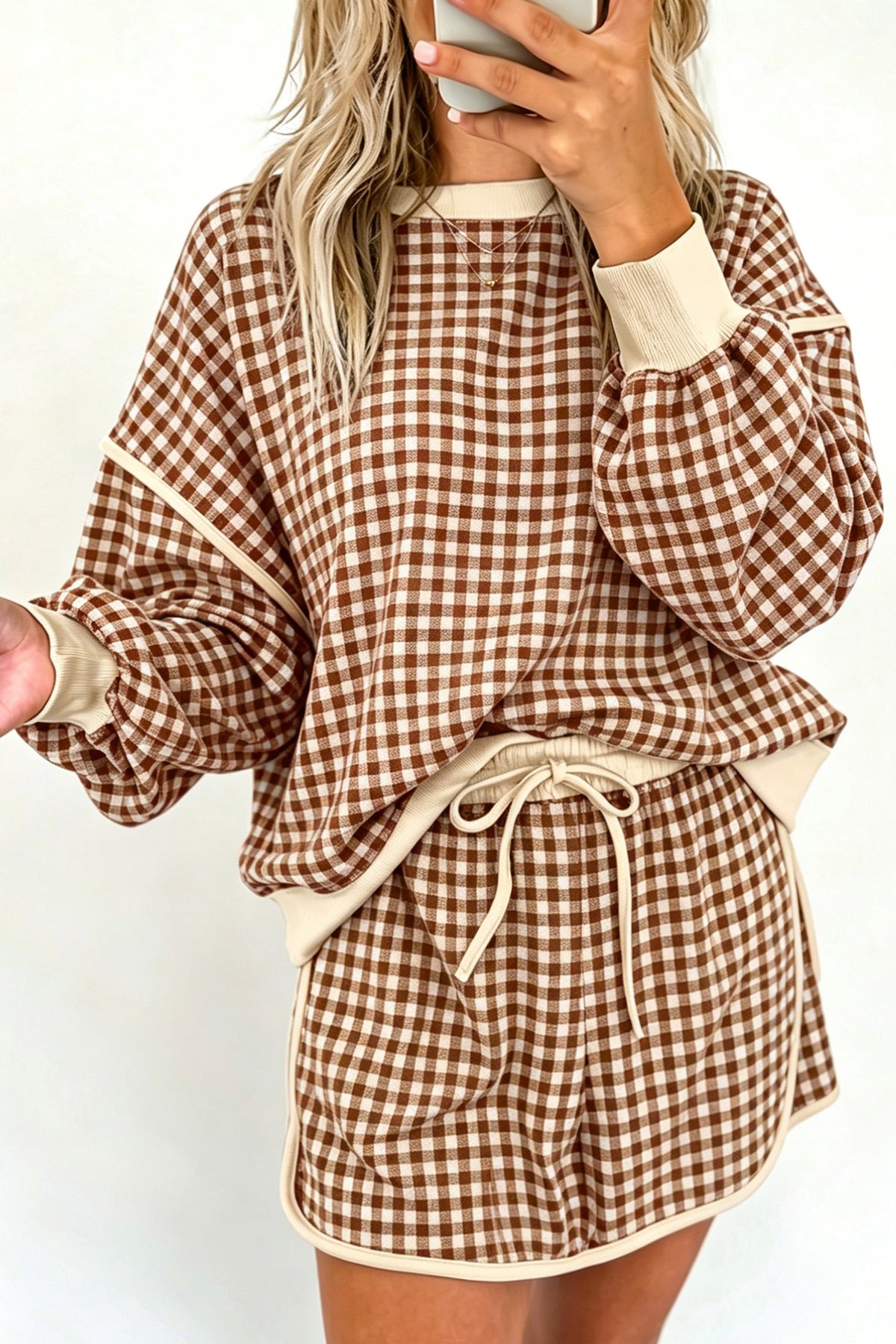 Red Gingham Oversized Ribbed Trim Crew Neck Long Sleeve Top and Skort Set