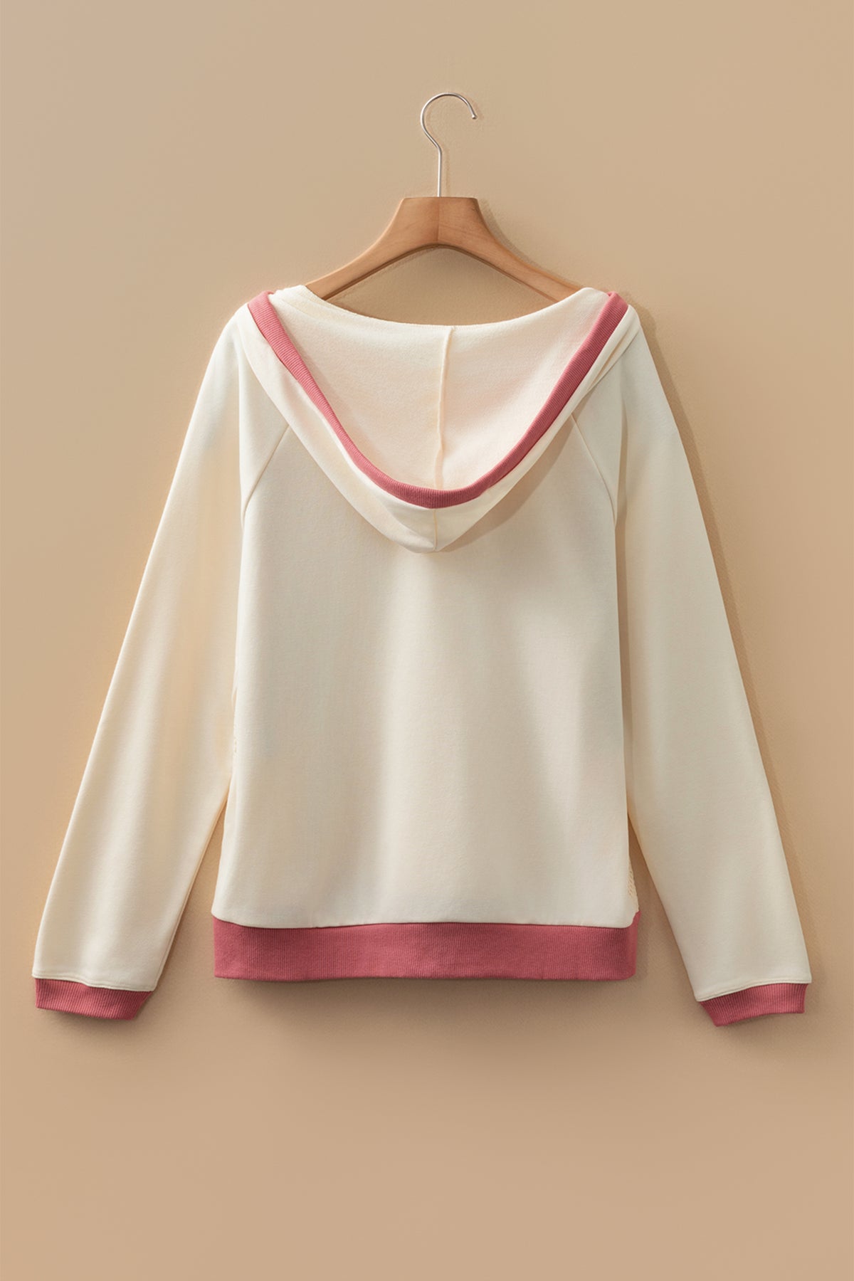 White Contrast Trim Crochet Knit Patchwork Exposed Seam Hoodie