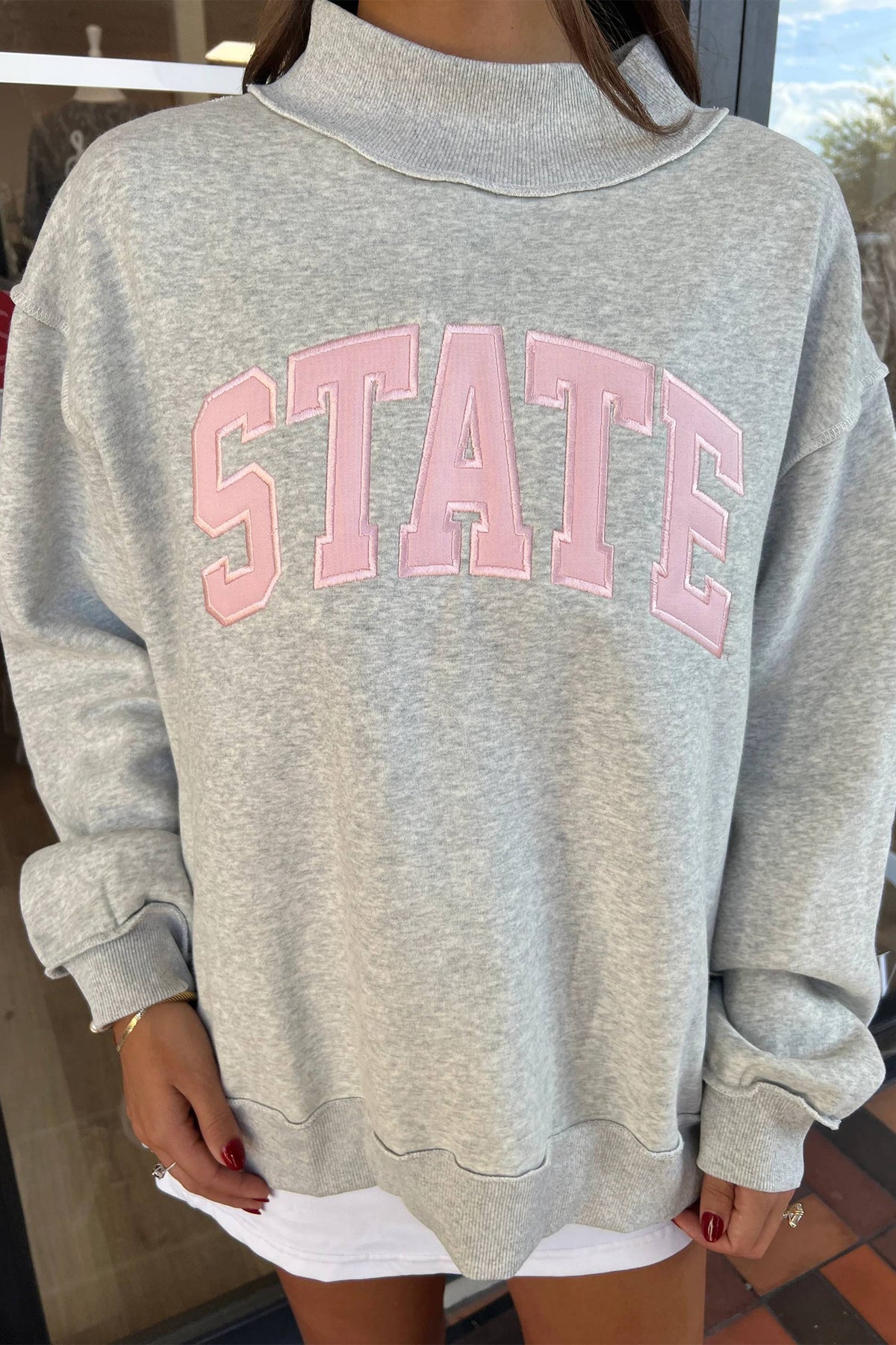 Coffee Exposed Seam Mock Neck STATE Letter Graphic Loose Sweatshirt