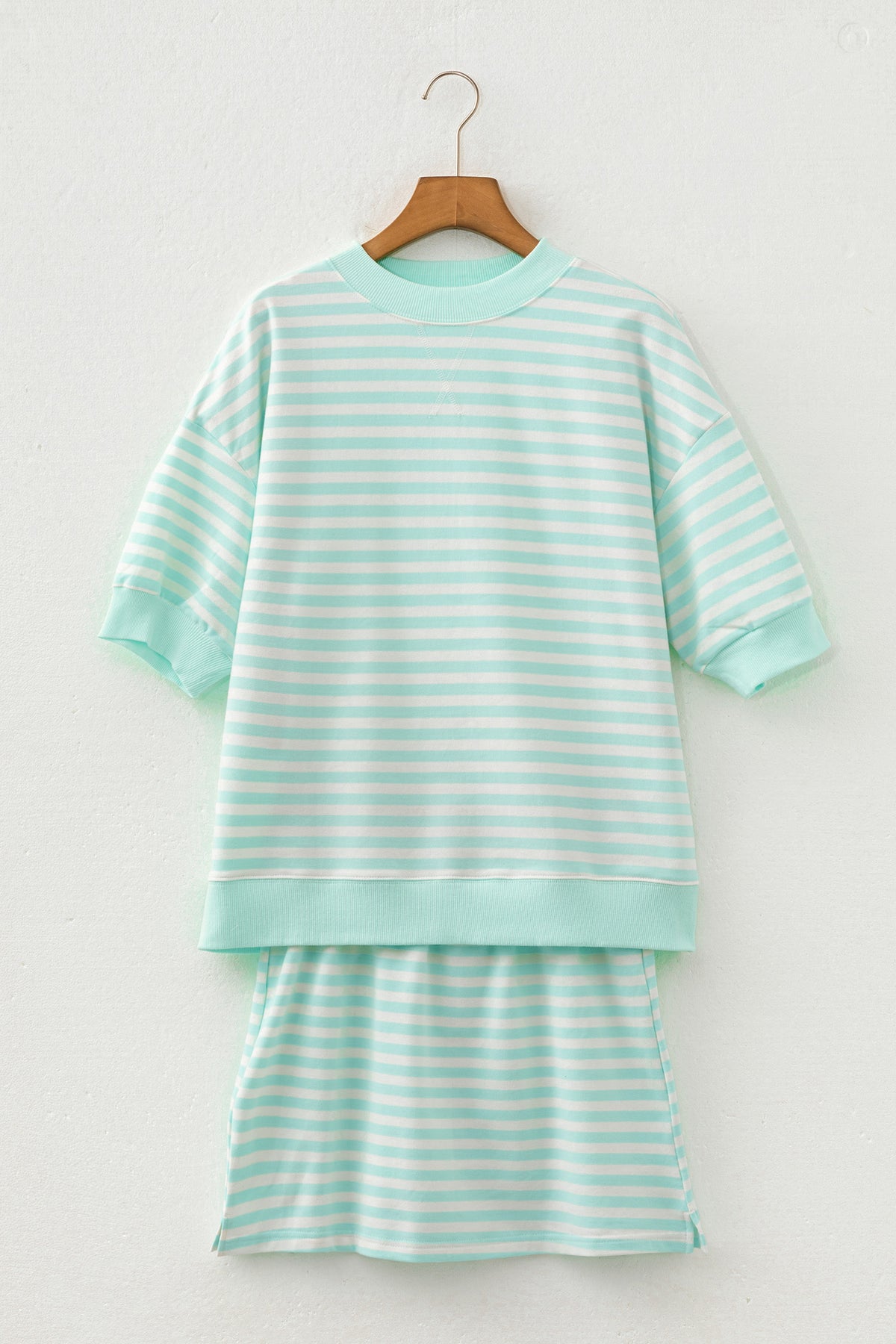 Green Stripe Ribbed Color Block Trim Half Sleeve Top Mini Skort 2pcs Outfit