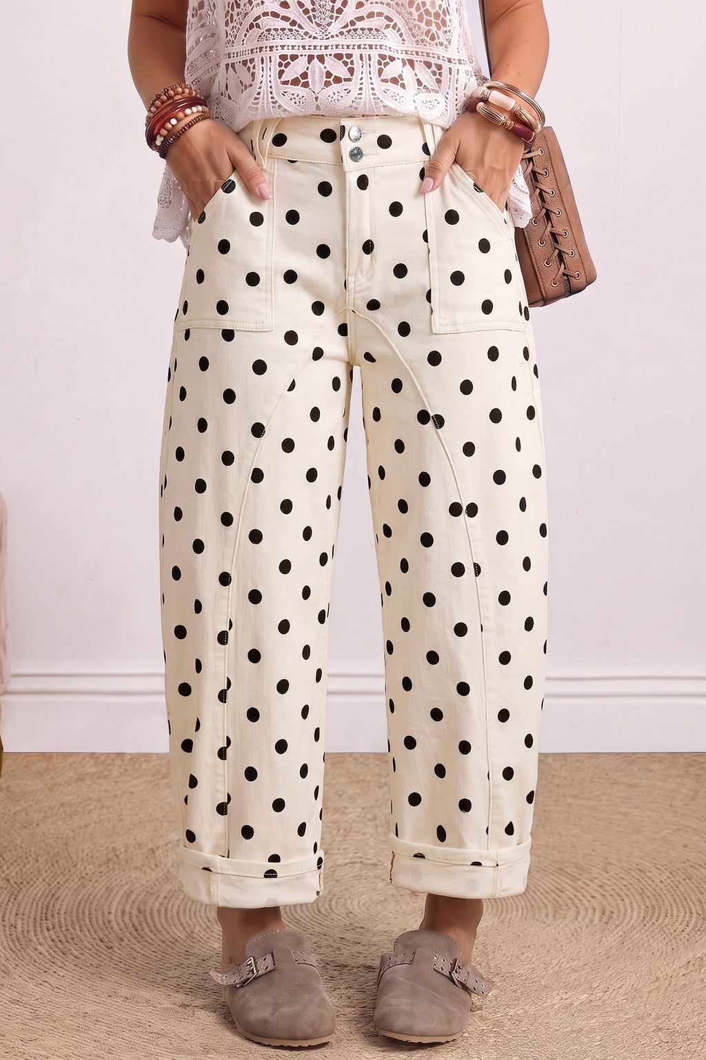 White Polka Dot Curved-Knife Ankle Denim Pants