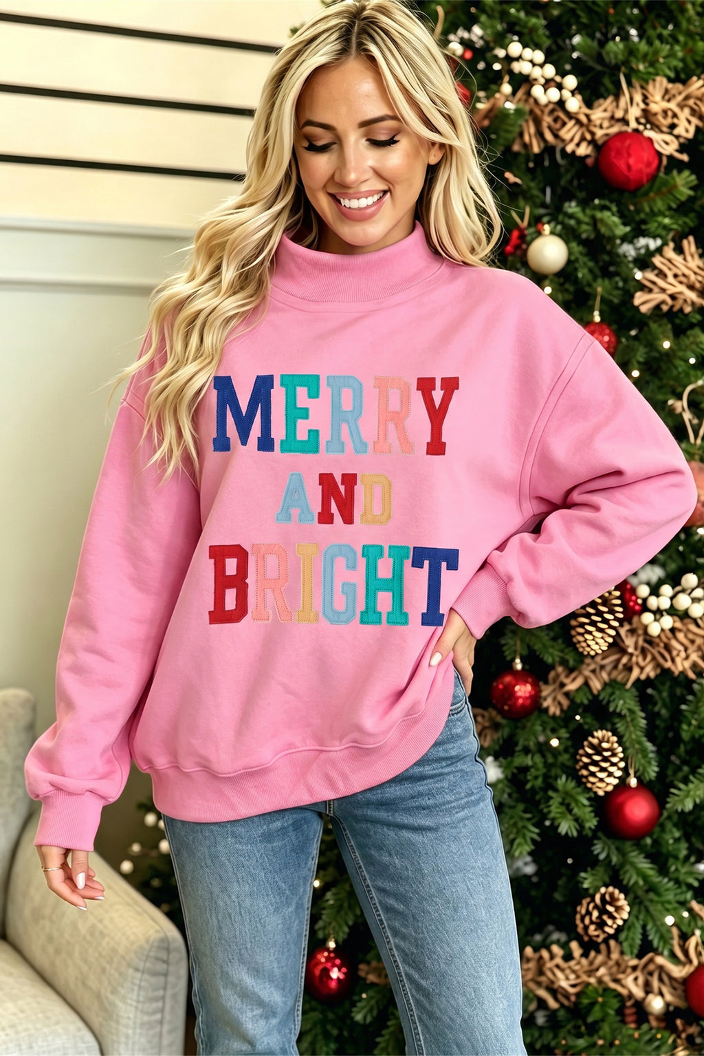 Peach Blossom MERRY AND BRIGHT Stitched Letter Pattern Mock Neck Sweatshirt