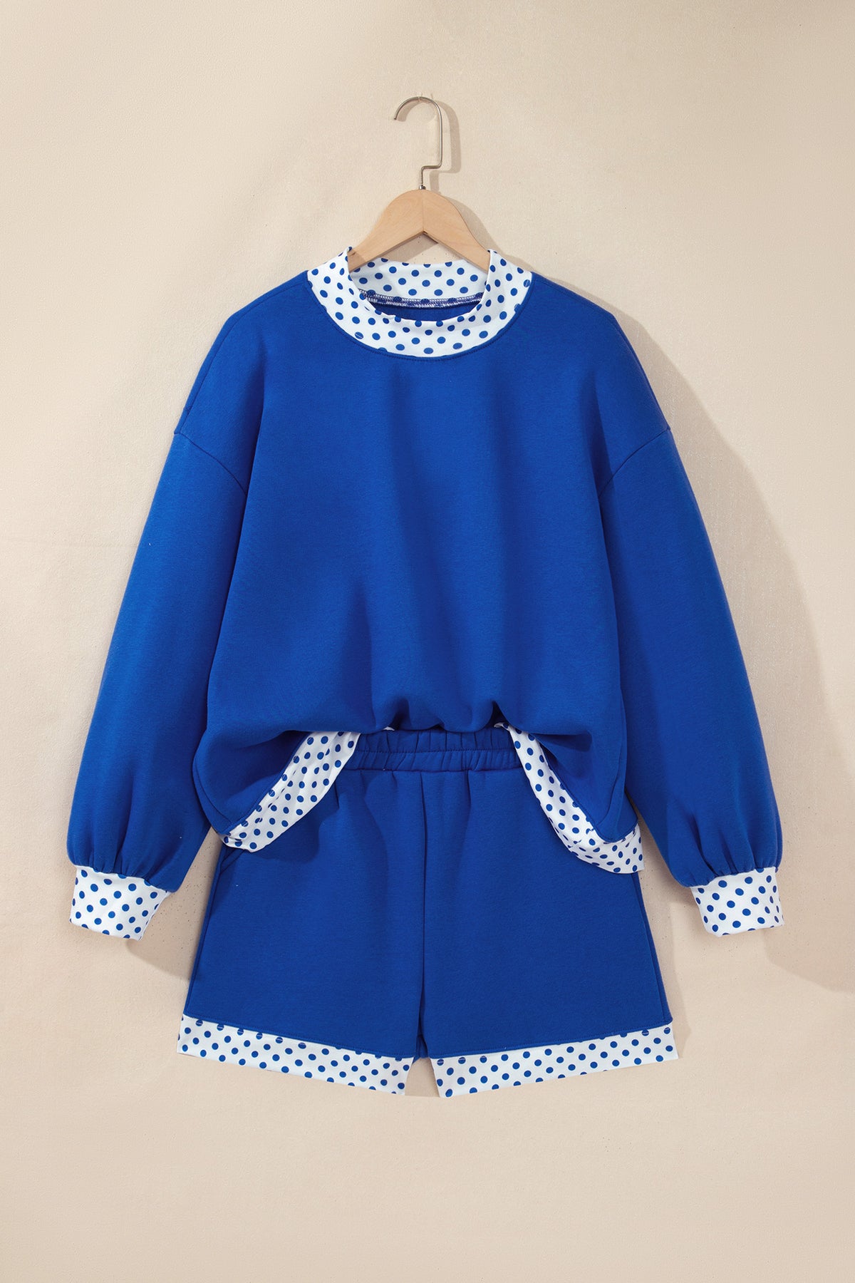 Dark Blue Polka Dot Trim Baggy Pullover 2pcs Short Set