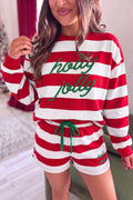 Red Stripe Holly Jolly Embroidery Pullover Long Sleeve Two Piece Shorts Set