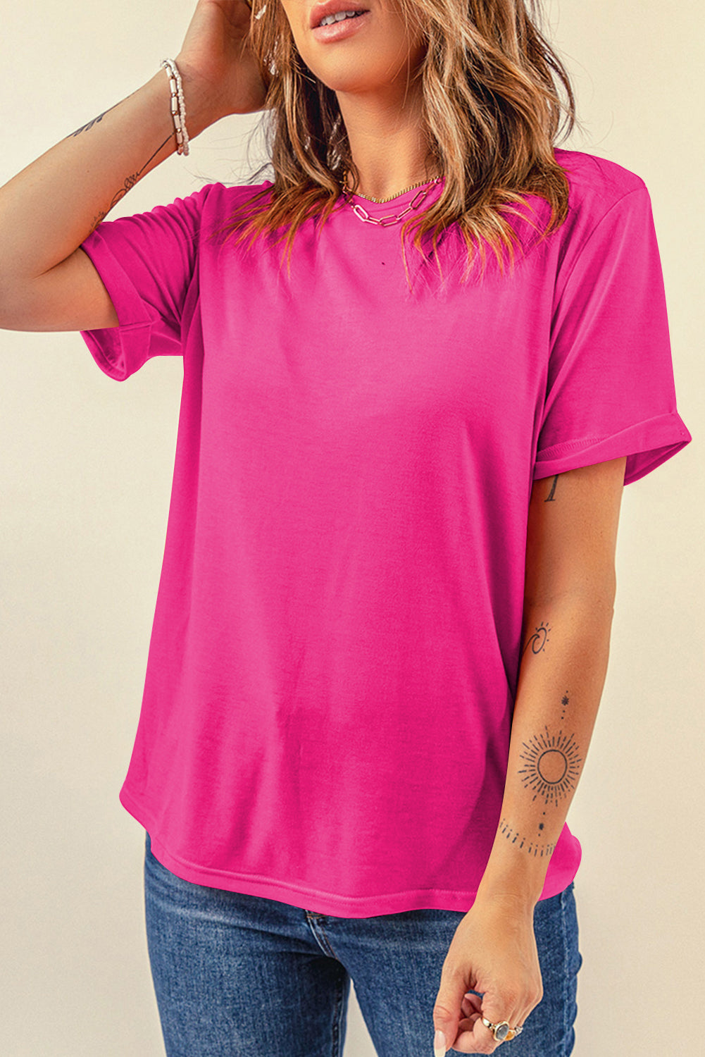 Tillandsia Purple Casual Plain Crew Neck Tee