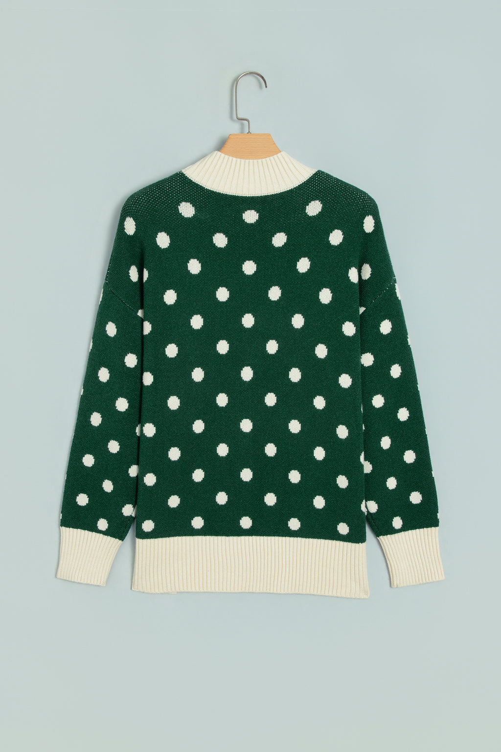 Red Polka Dot Pattern Ribbed Colorblock Trim Split Tunic Sweater