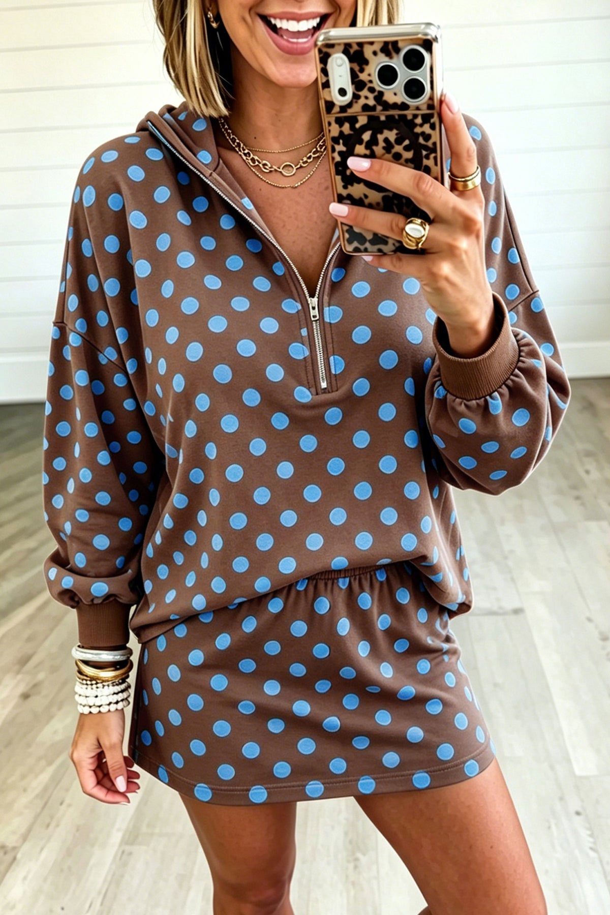 Pink Polka Dot Hooded Long Sleeve Top Casual Mini Skort Set