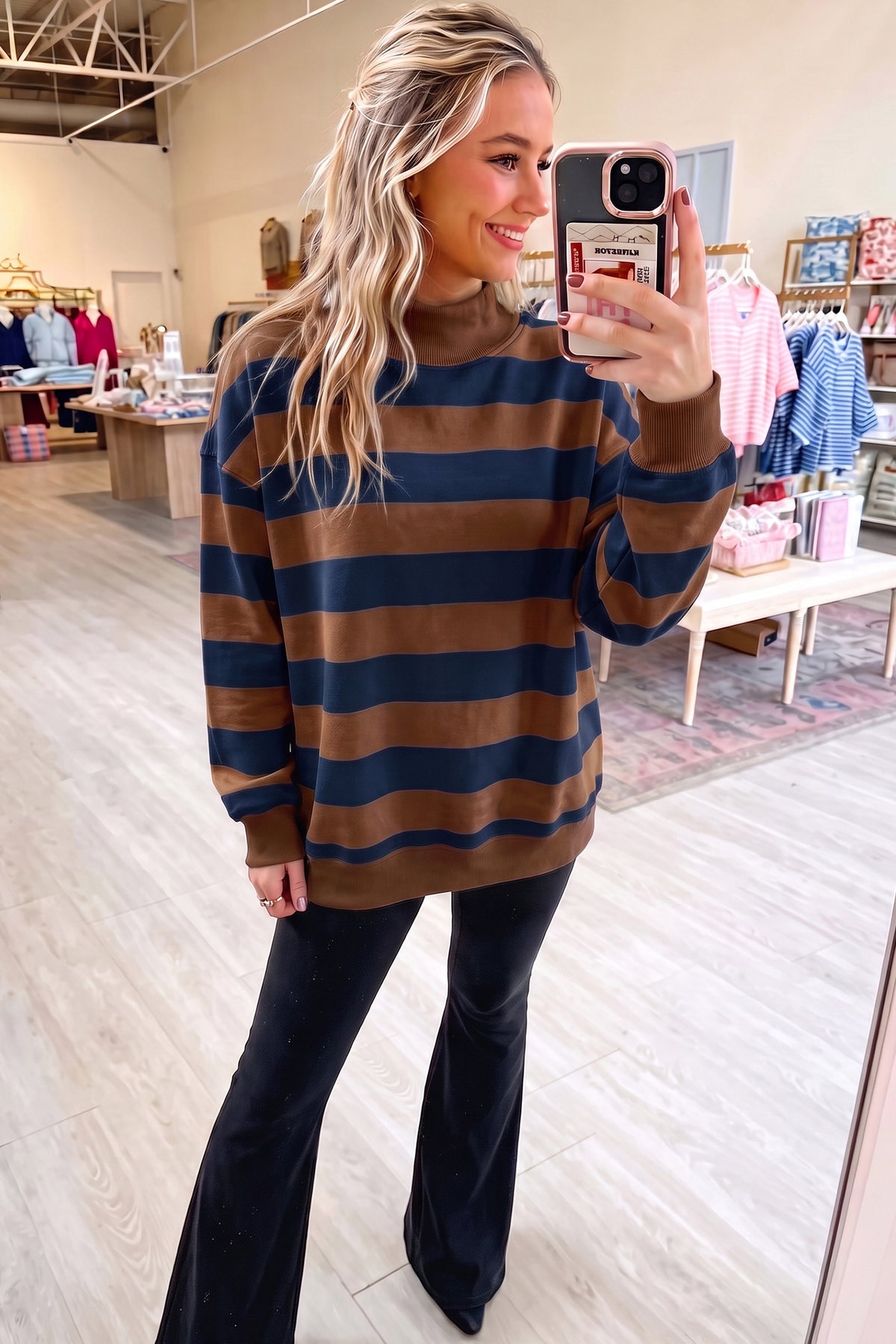 Blue Stripe Colorblock Mock Neck Relaxed Sweatshirt