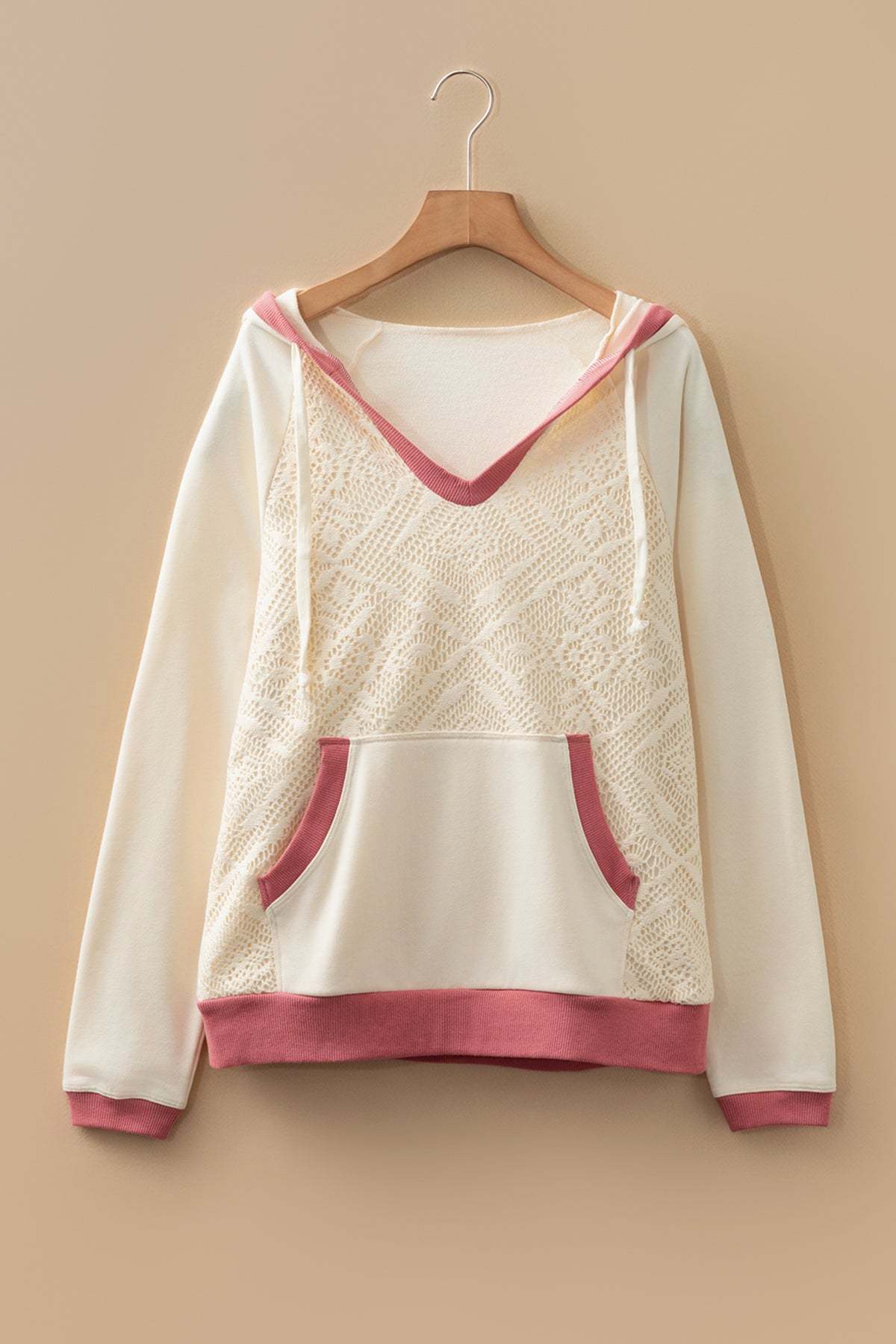 White Contrast Trim Crochet Knit Patchwork Exposed Seam Hoodie