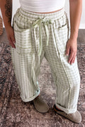 Green Plaid Contrast Trim Drawstring Elastic Waist Shift Pants
