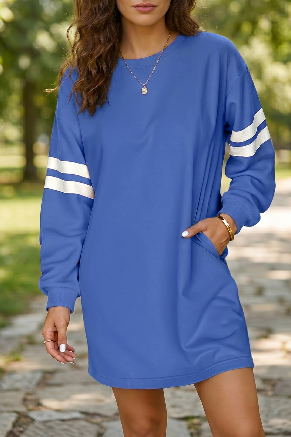 Sky Blue Varsity Contrast Banded Sleeve Shift Sweatshirt Dress