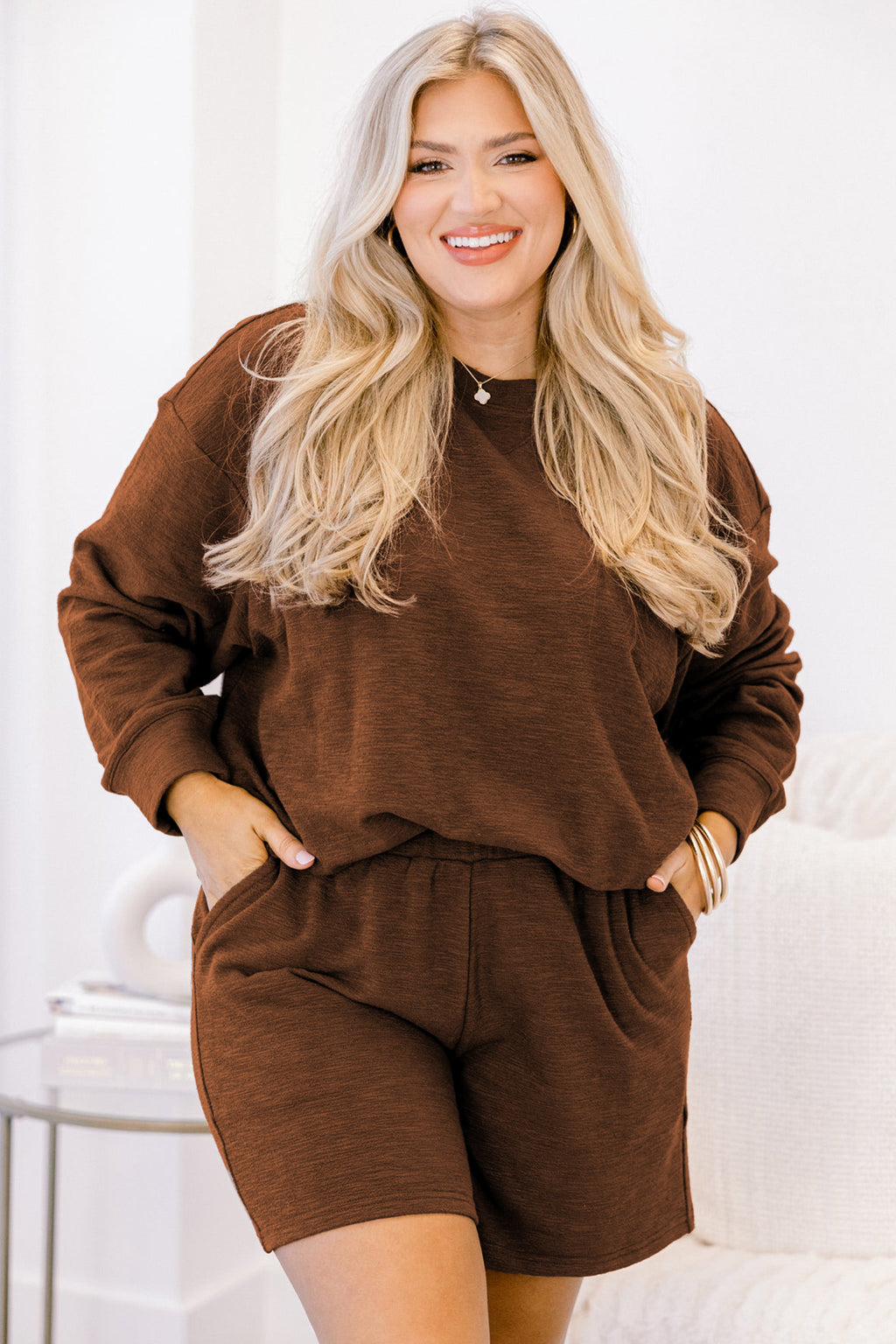 Chestnut Drop Shoulder Long Sleeve Top Elastic Waist Shorts Plus Size Set