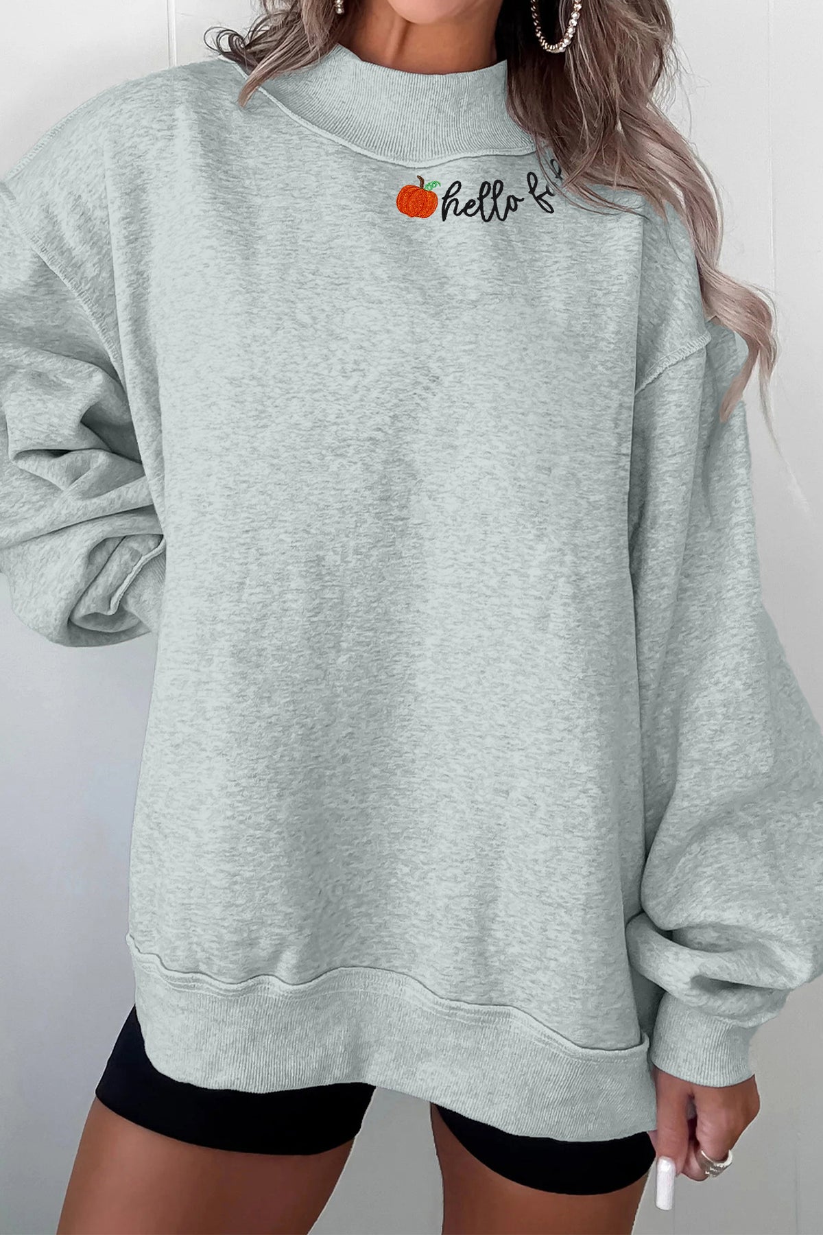 Gray hello fall Embroidered Pumpkin Detail Mock Neck Sweatshirt
