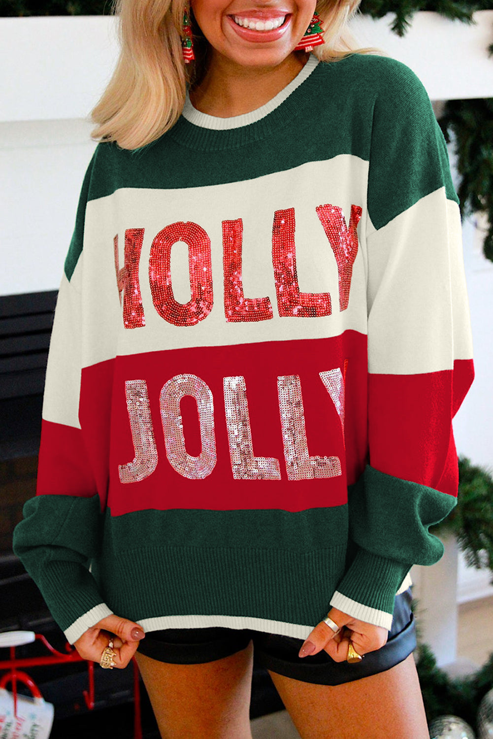 Green Sequined HOLLY JOLLY Color Block Crew Neck Sweater