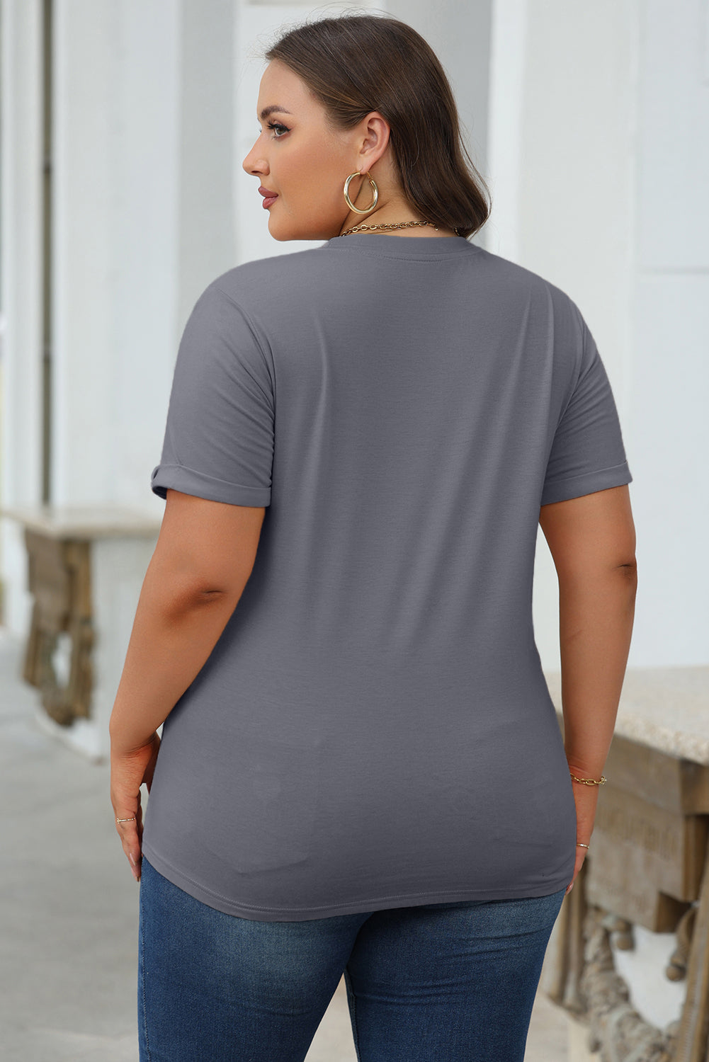 Tillandsia Purple Casual Plain Crew Neck Tee