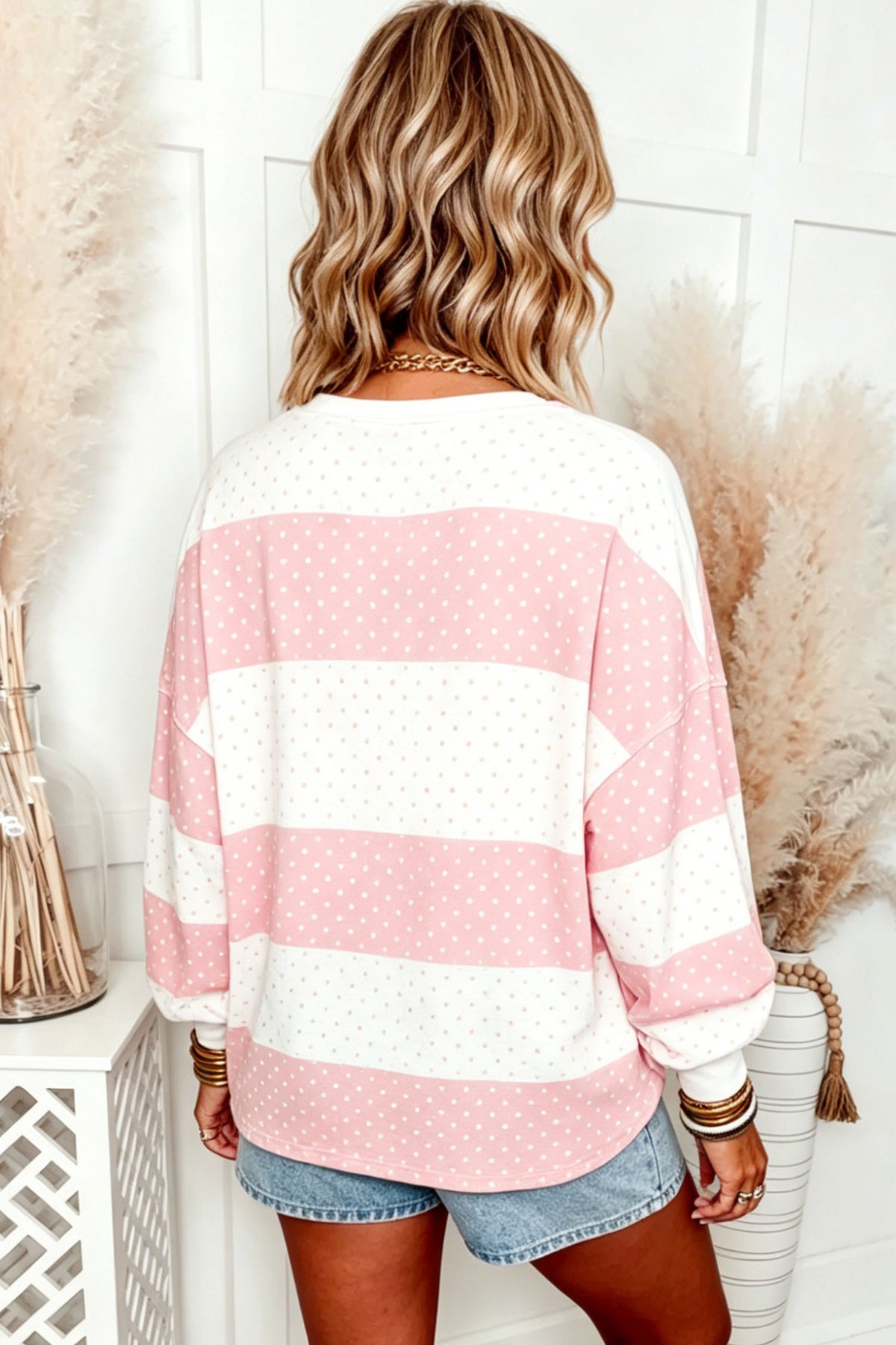 Blue Polka Dot Patchwork Colorblock Long Sleeve Top