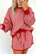 Red Gingham Oversized Ribbed Trim Crew Neck Long Sleeve Top and Skort Set