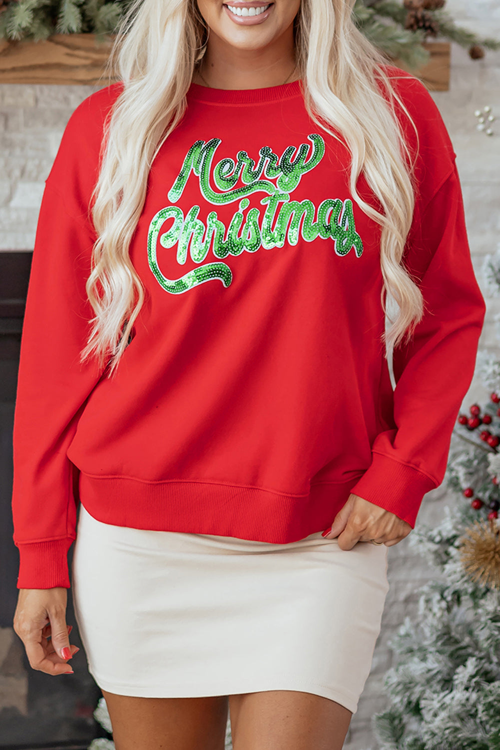 Red Merry Christmas Crewneck Drop Shoulder Loose Sweatshirt
