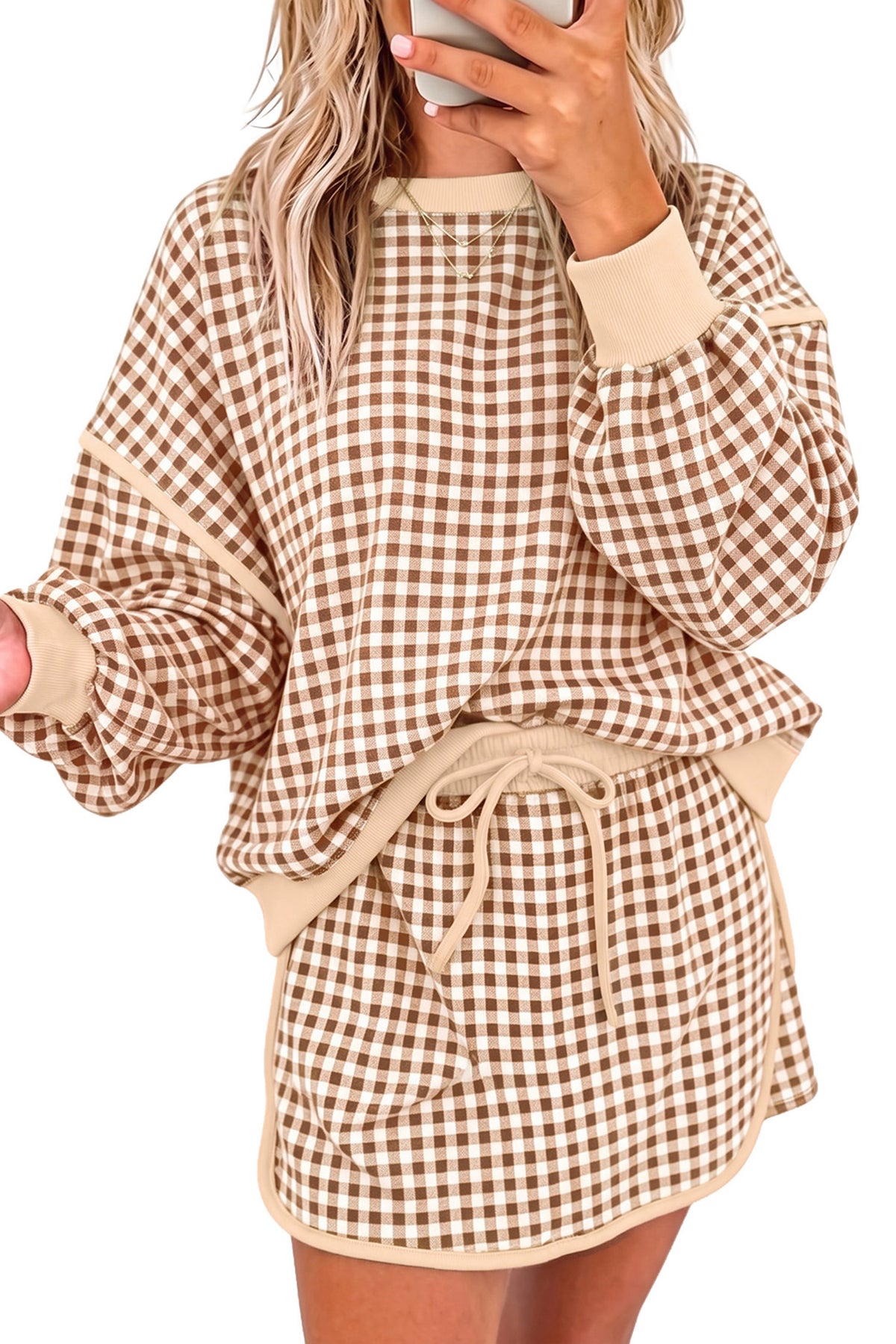 Red Gingham Oversized Ribbed Trim Crew Neck Long Sleeve Top and Skort Set