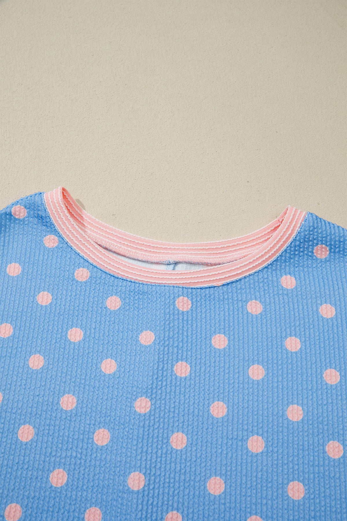 Polka Dot Raised Rib Cuffed Short Sleeve Top