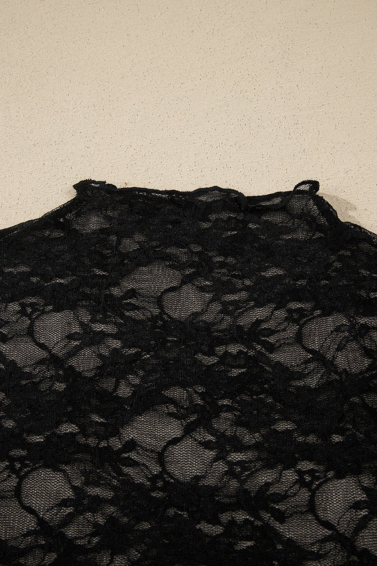 Black Sheer Floral Lace Lettuce Trim Mock Neck Long Sleeve Top