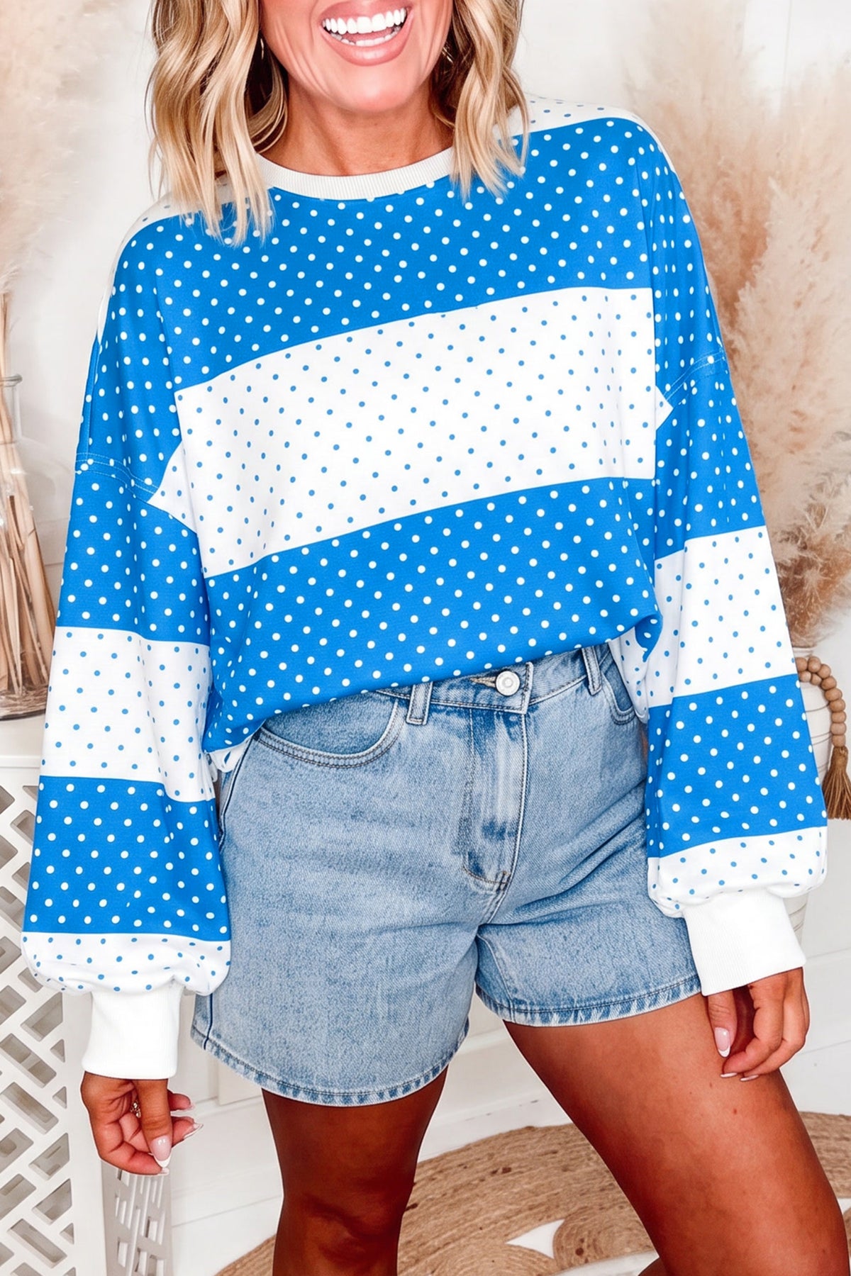 Blue Polka Dot Patchwork Colorblock Long Sleeve Top