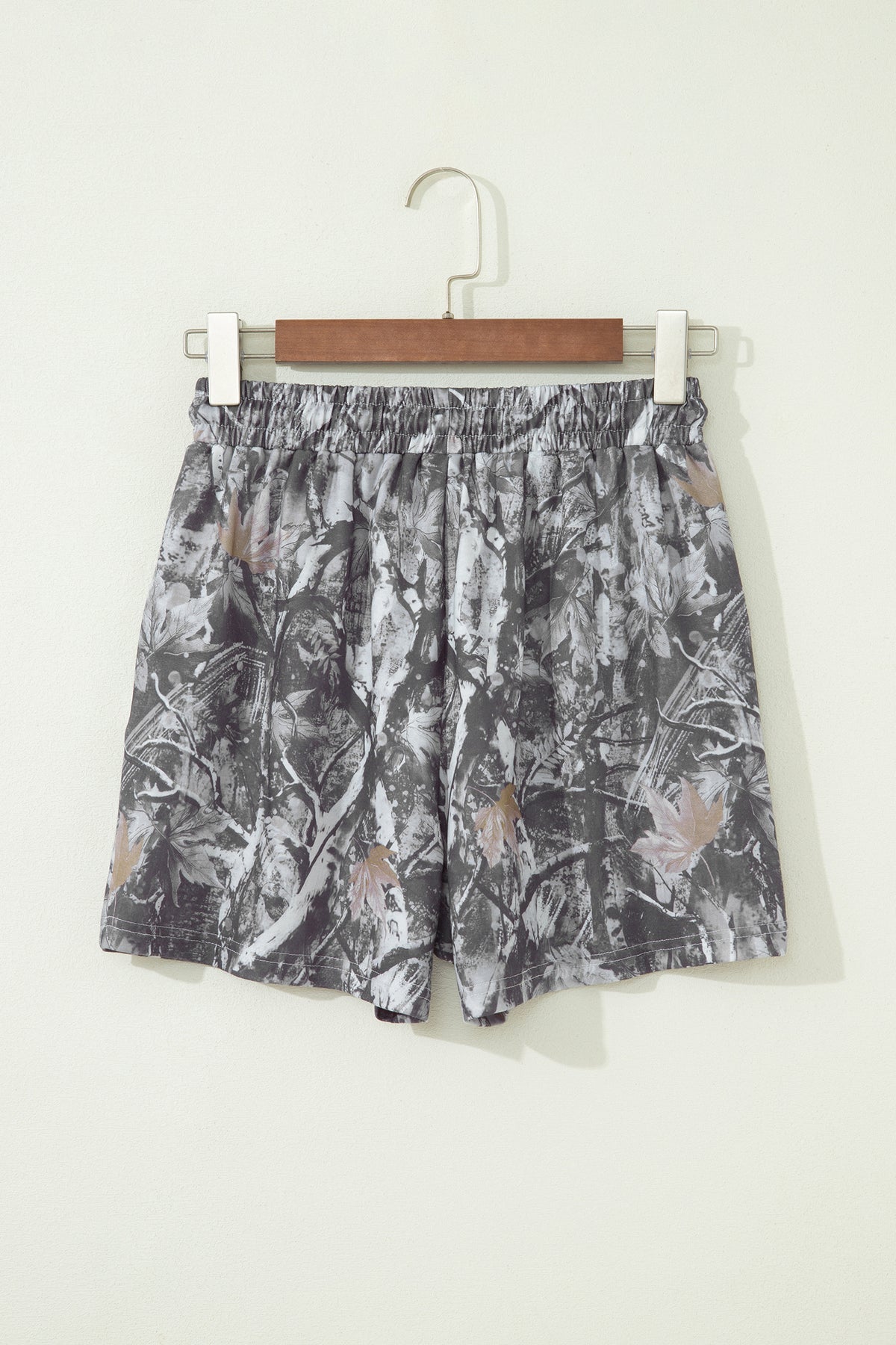 Gray Abstract Maple Leaf Printed Tie Elastic Waist Shorts