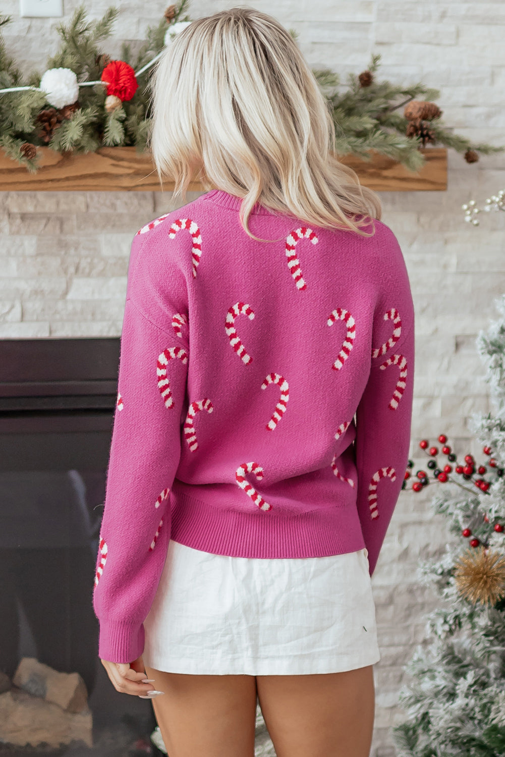 Sachet Pink Christmas Candy Cane Holiday Drop Shoulder Sweater