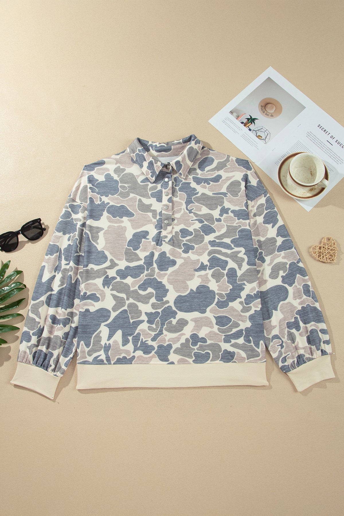 Multicolour Casual Camo V-Neck Buttoned Plus Size Sweatshirt