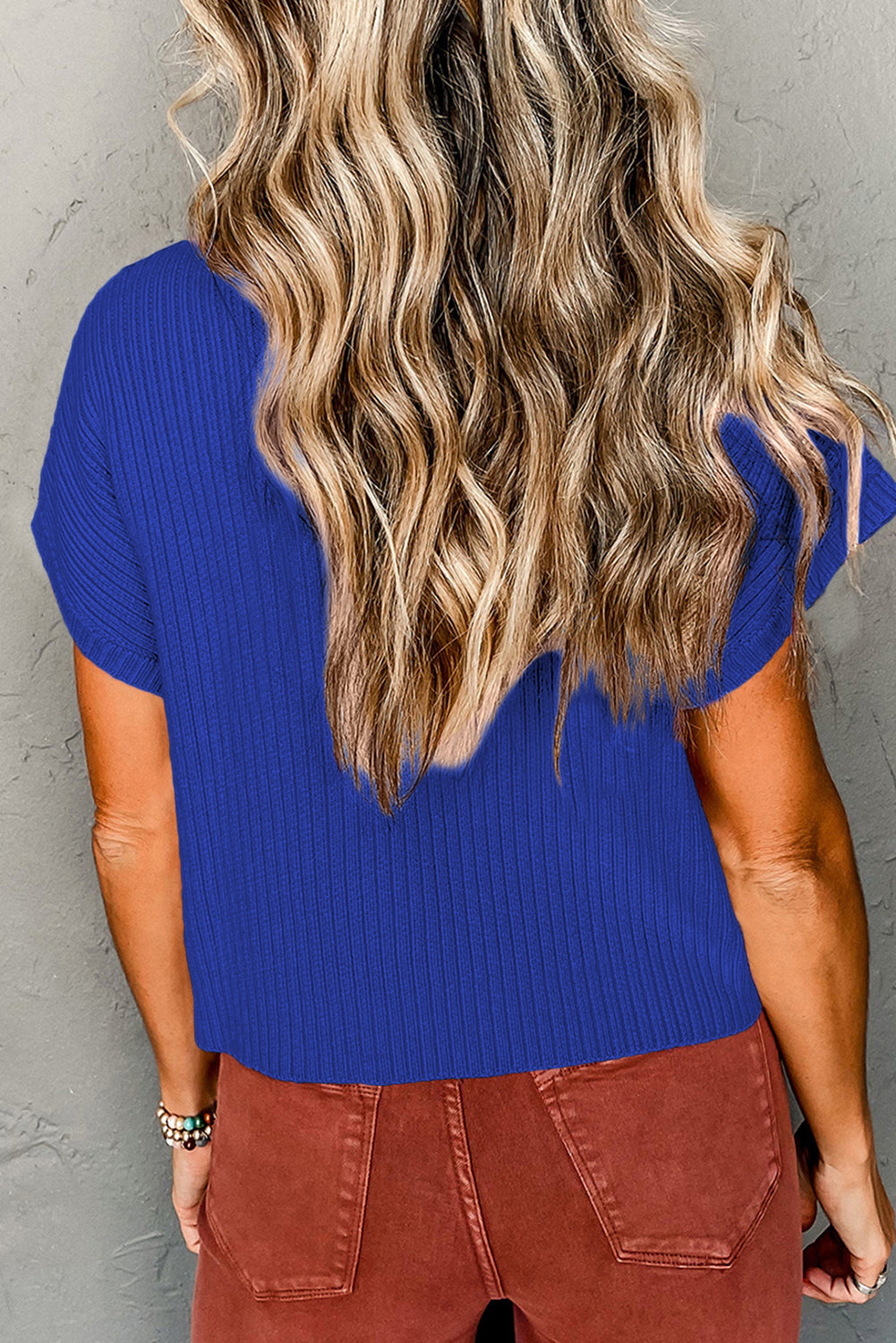 Pink Patch Pocket Ribbed Knit Short Sleeve Sweater