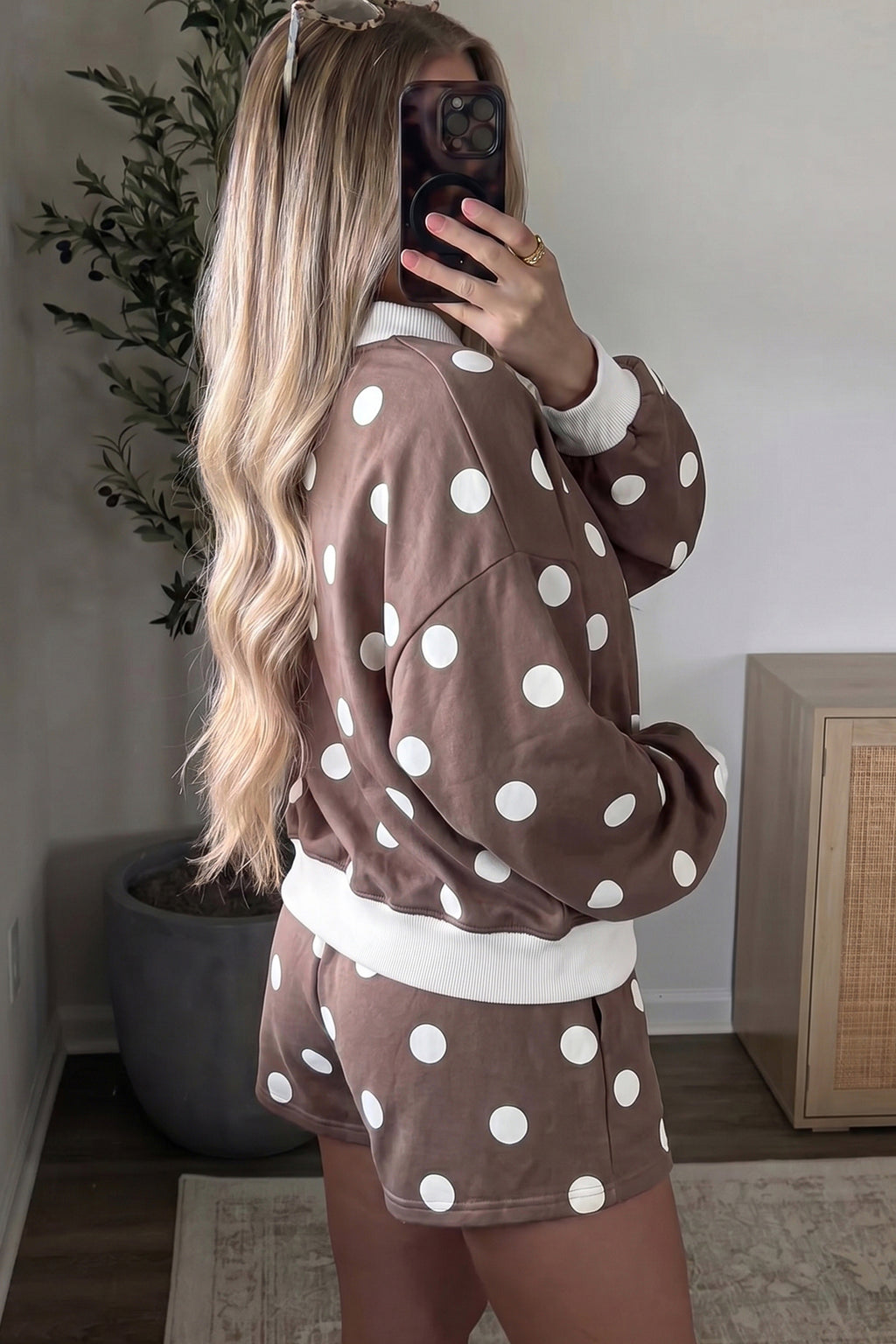 Pink Polka Dot Ribbed Trim Long Sleeve Top Casual Short Set