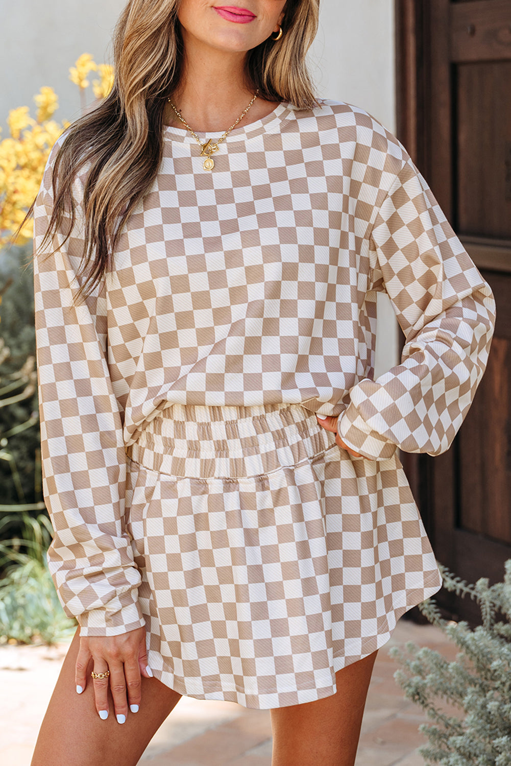 Khaki Checkered Long Sleeve Crop Top High Waist Skort 2pcs Set