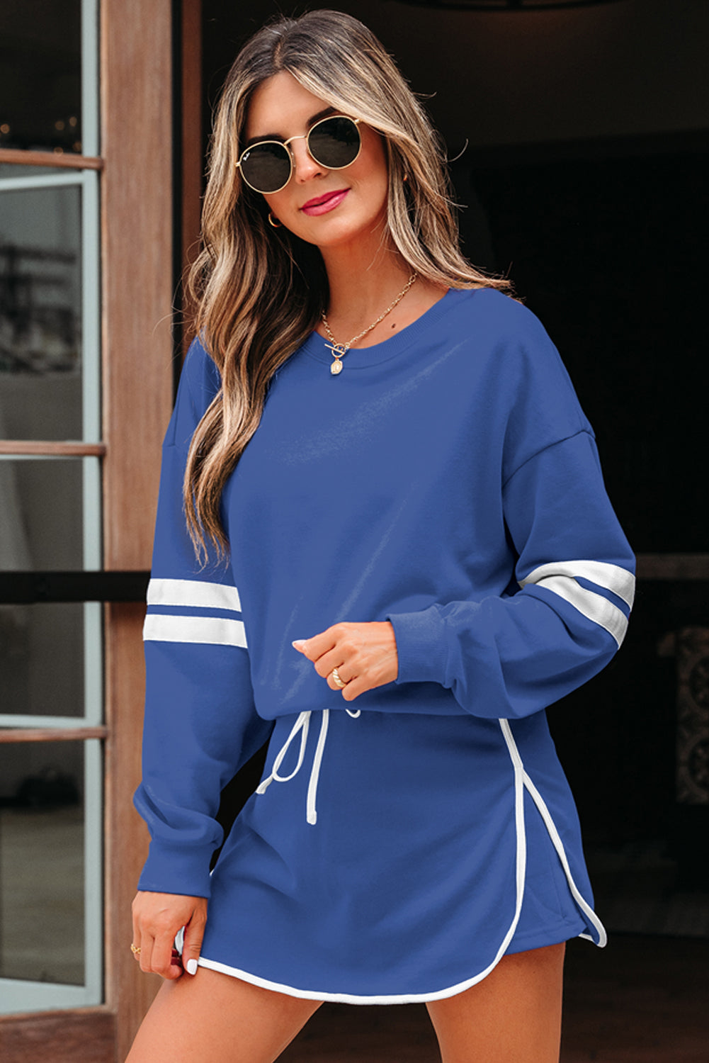 Tillandsia Purple Varsity Stripe Detail Drop Shoulder Pullover Mini Skort Set