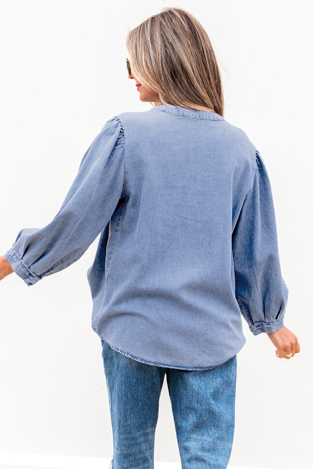 Myosotis Denim Front Pintuck Bow Tie Puff Sleeve Top