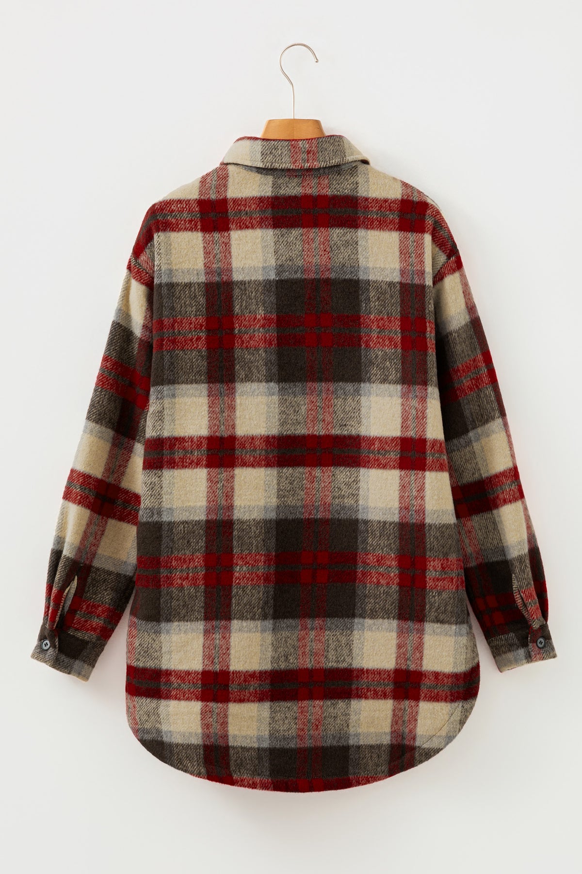 Red Brushed Plaid Buttoned Front Side Slit Tunic Shacket