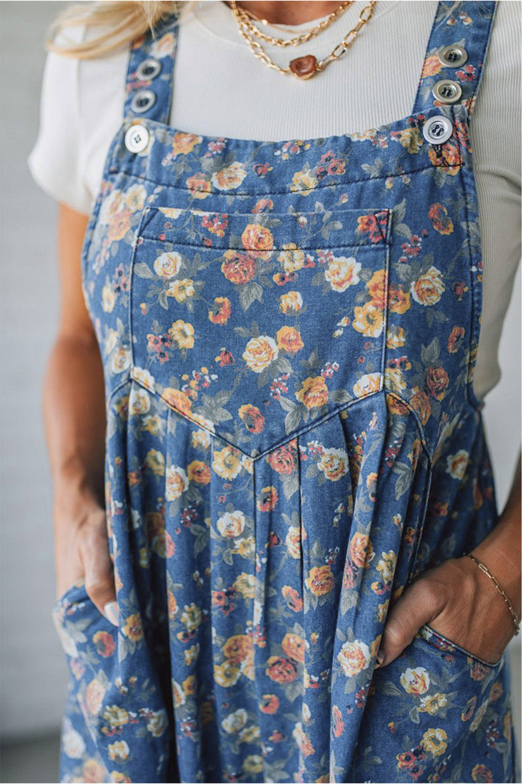 Blue Vintage Rose Printed Pleated Loose Denim Overall Jumpsuit