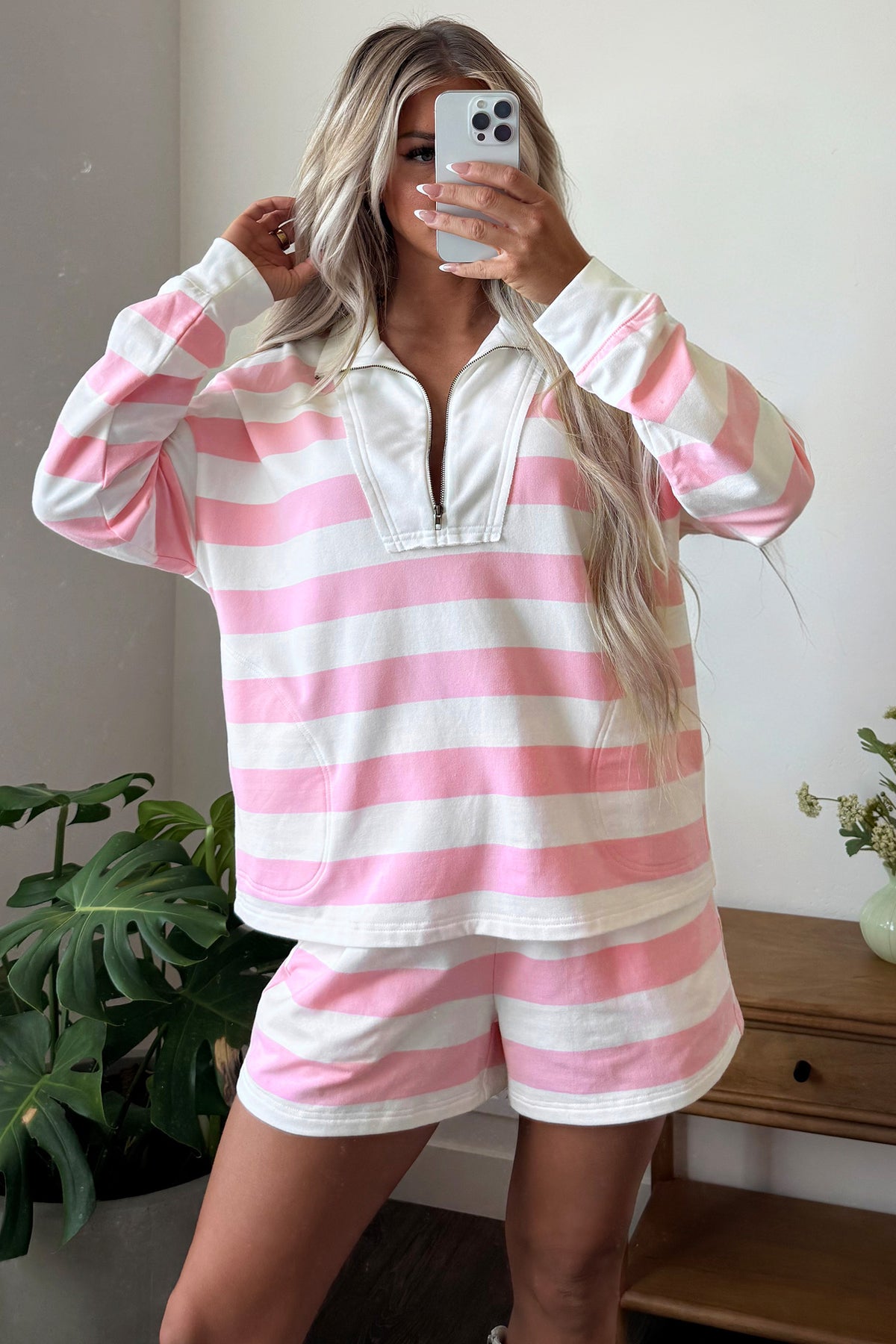 Pink Stripe Patchwork Zipper Pullover Elastic Waist Shorts 2pcs Set