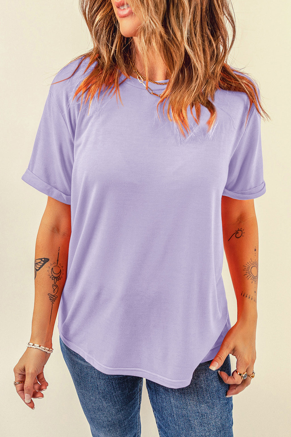 Tillandsia Purple Casual Plain Crew Neck Tee