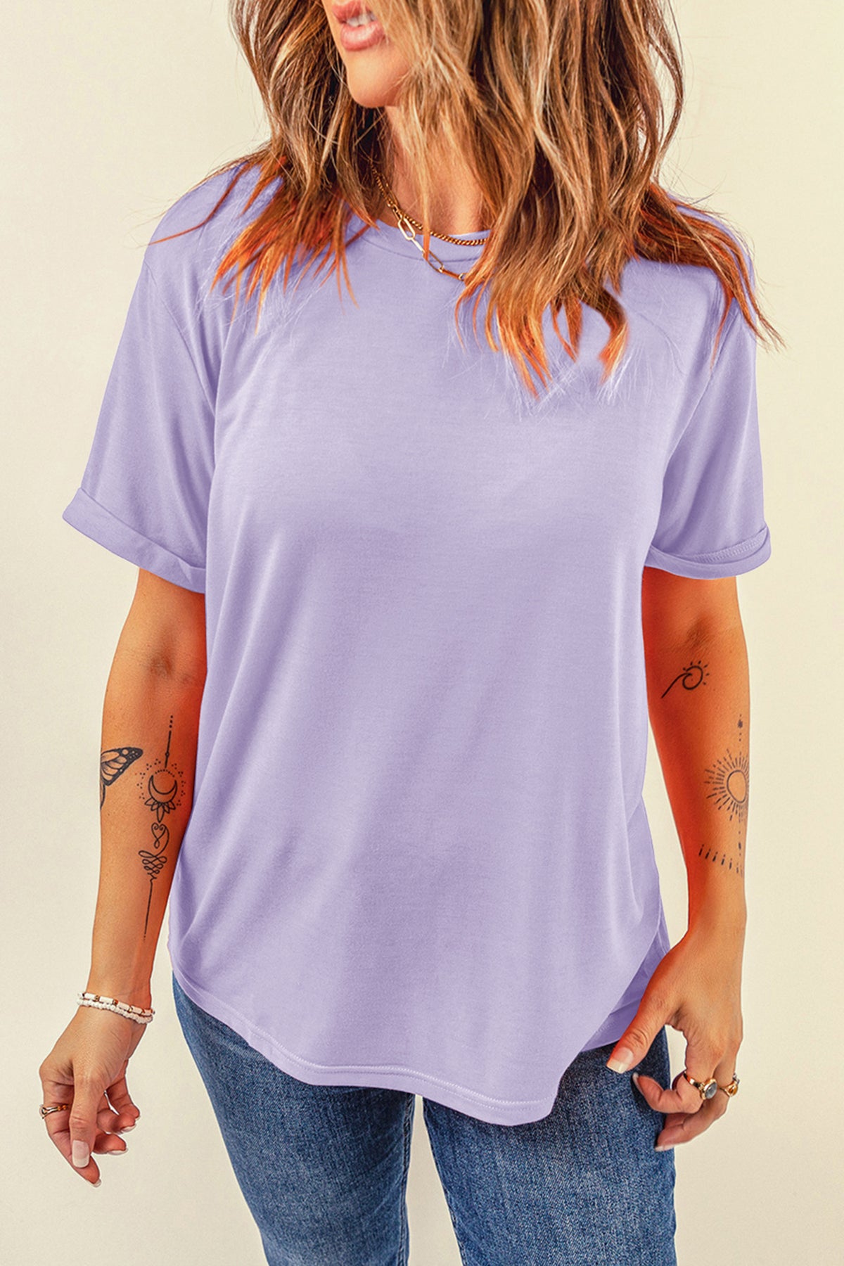 Tillandsia Purple Casual Plain Crew Neck Tee