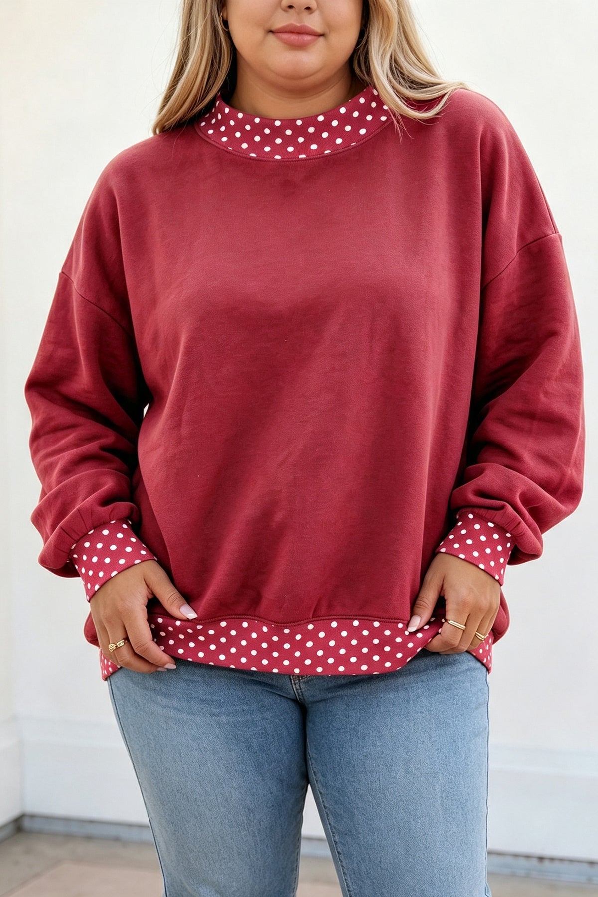 Racing Red Polka Dot Patchwork Round Neck Plus Size Sweatshirt