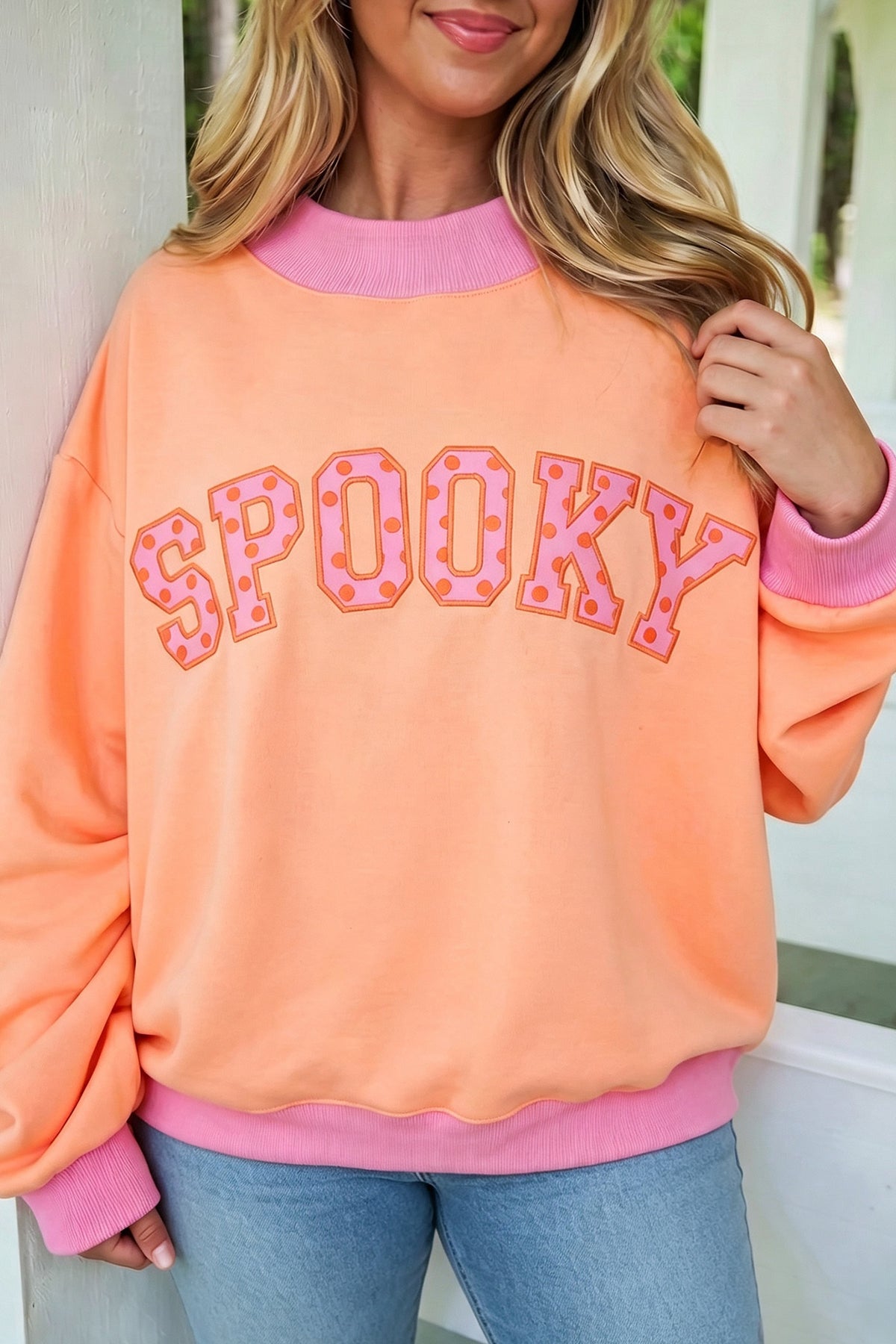 Pink Contrast Polka Dot Slogan Graphic Color Block Mock Neck Plus Sweatshirt