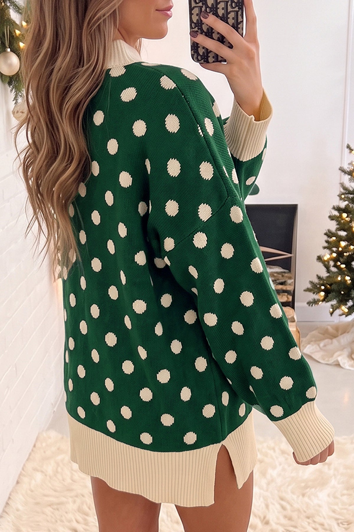 Red Polka Dot Pattern Ribbed Colorblock Trim Split Tunic Sweater