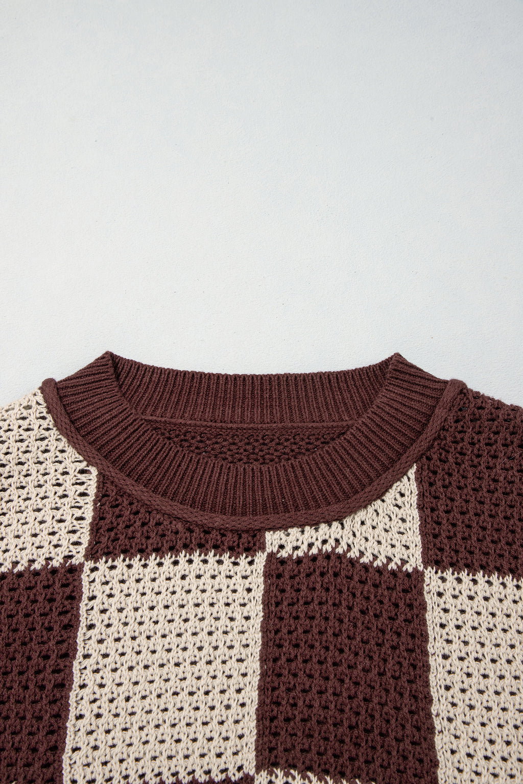 Brown Checkered Pattern Knit Loose Pullover Sweater