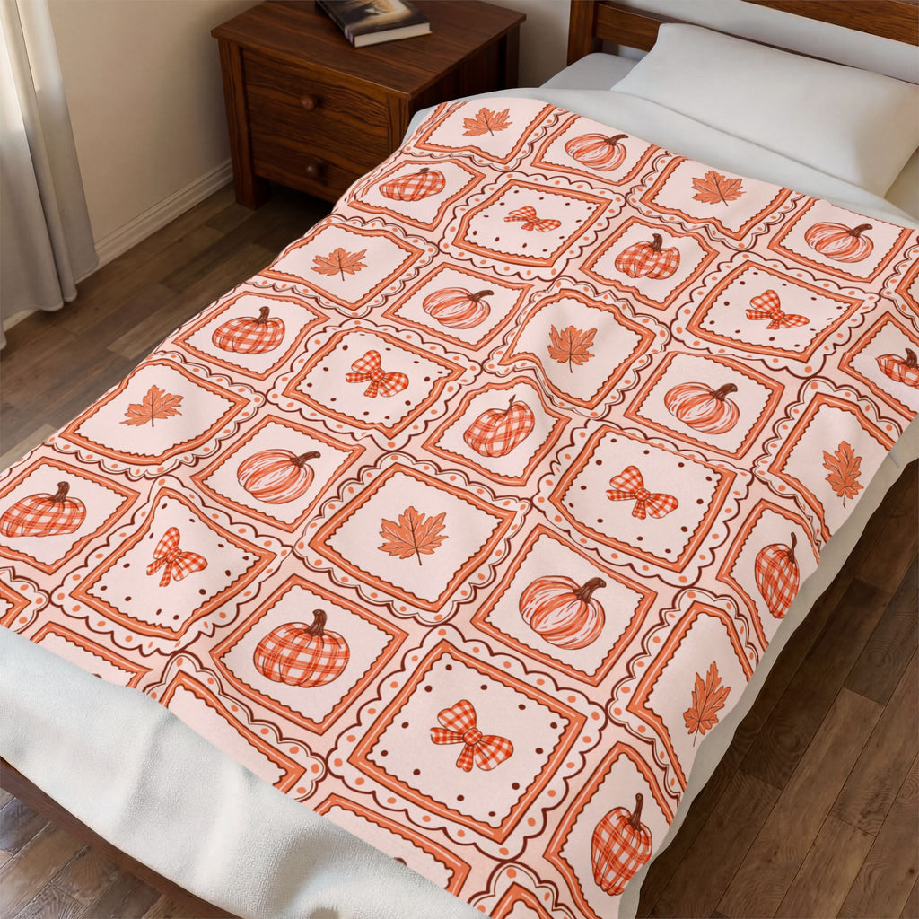 Autumn Patchwork Pumpkin & Maple Leaf Velveteen Plush Blanket