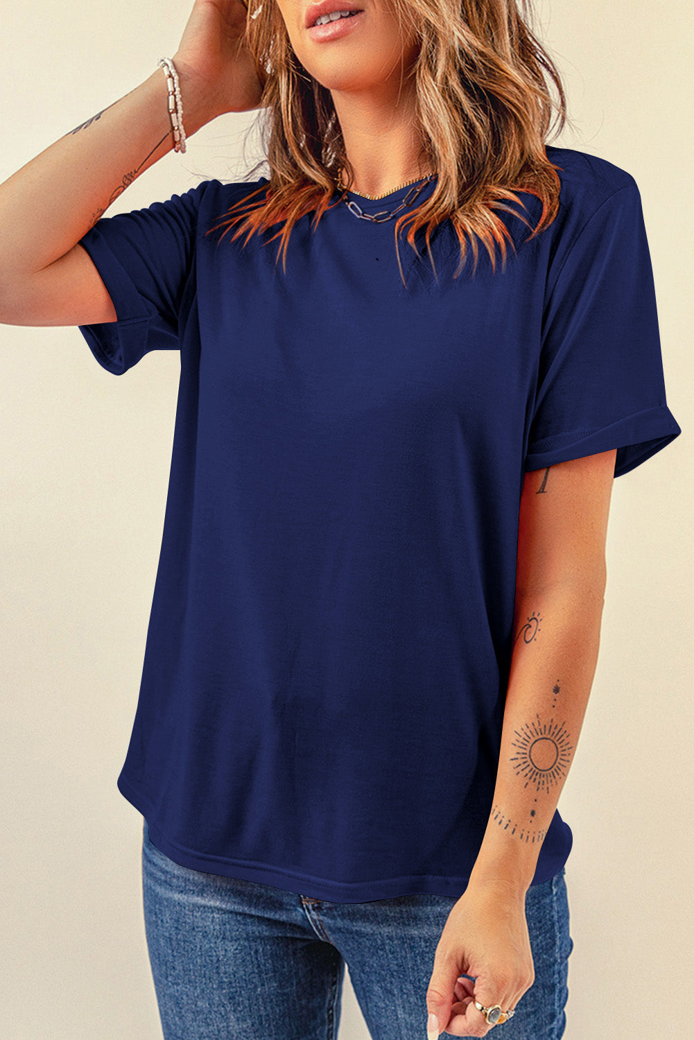 Tillandsia Purple Casual Plain Crew Neck Tee