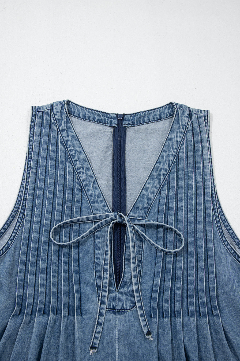 Dusk Blue 100% Cotton Acid Wash Pintuck Tie V Neck Denim Wide Leg Jumpsuit