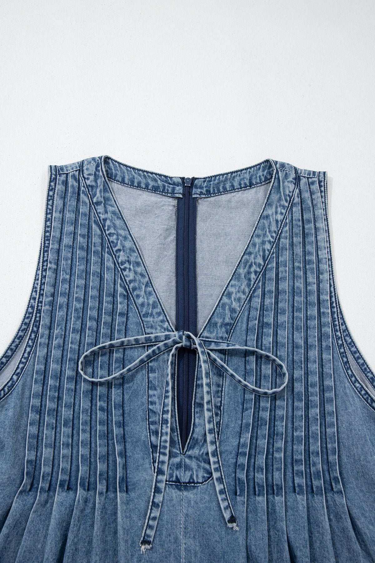 Dusk Blue 100% Cotton Acid Wash Pintuck Tie V Neck Denim Wide Leg Jumpsuit