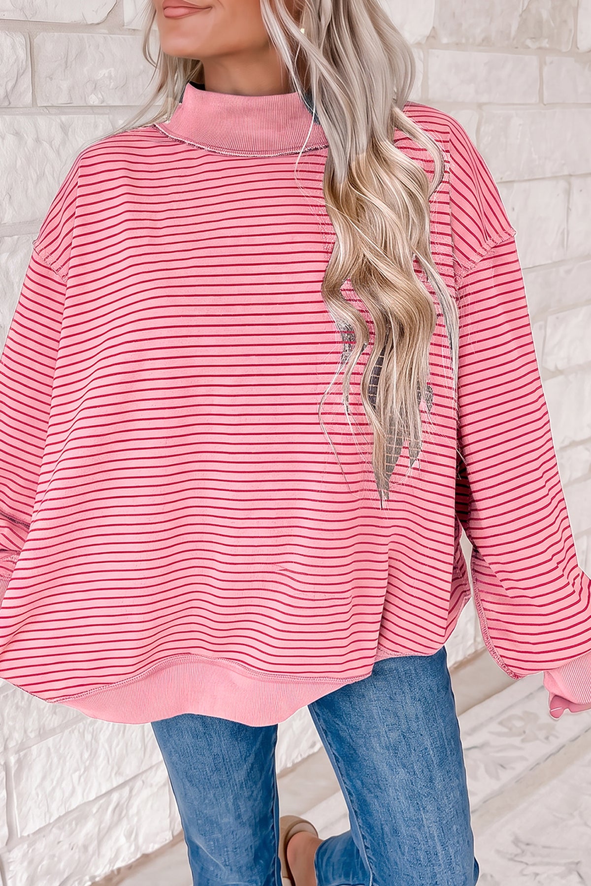 Khaki Stripe Ribbed Color Block Mock Neck Oversized Sweatshirt