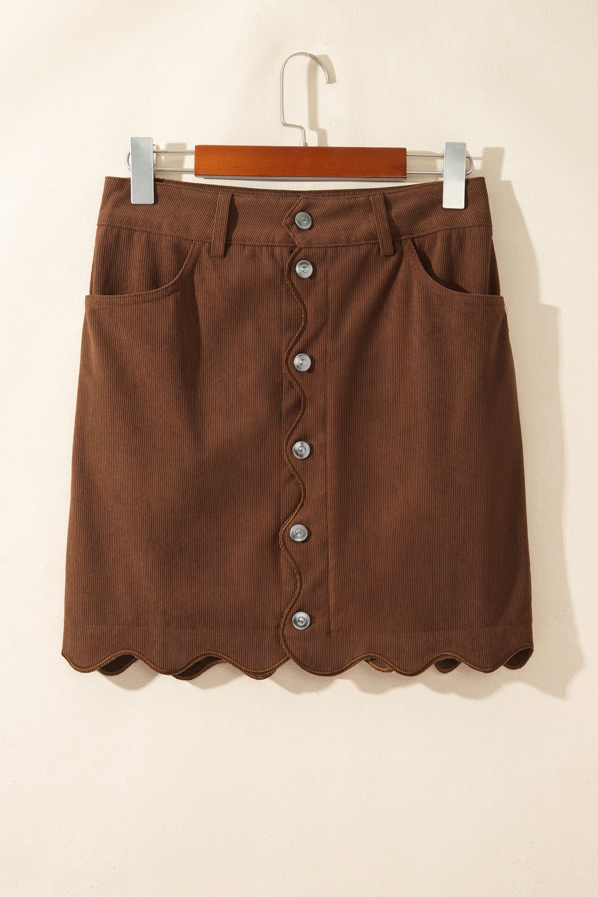 Coffee Button Front Corduroy Mini Pockets Sheath Silhouette Skirt
