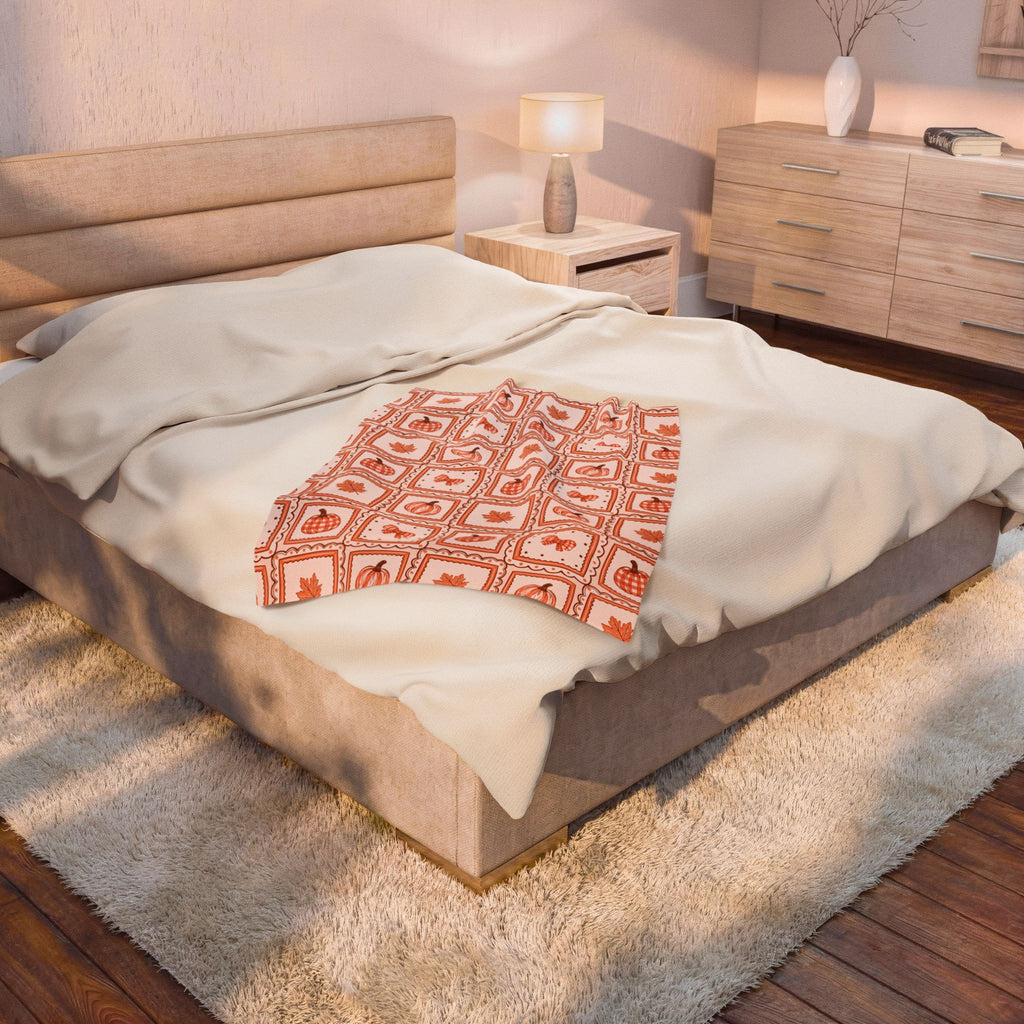 Autumn Patchwork Pumpkin & Maple Leaf Velveteen Plush Blanket